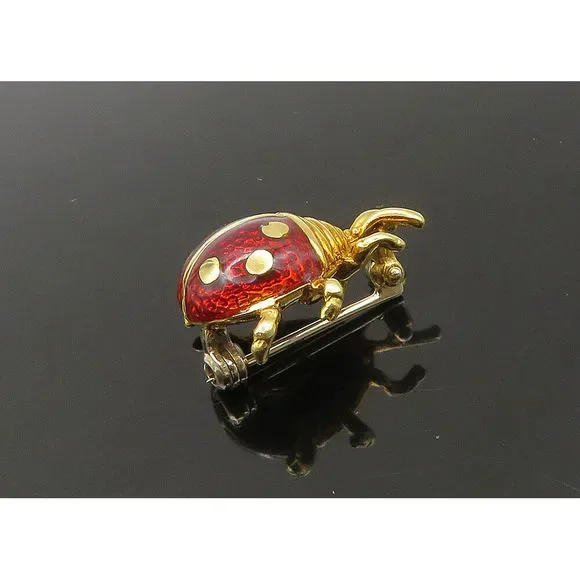18K GOLD - Vintage Shiny Enamel Lady Bug Motif Brooch Pin - GB072 - Picture 4 of 6